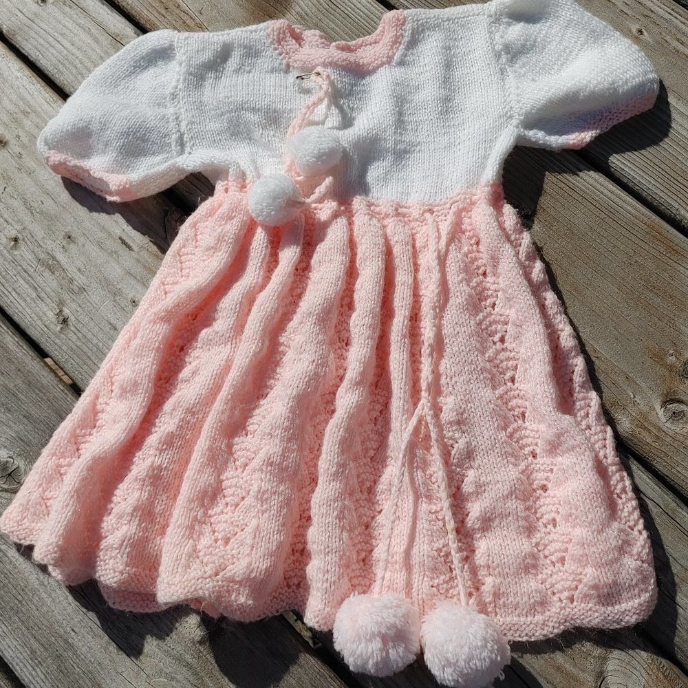 LOVELY Crochet Baby Dress with Pom Pom Detail White Pink 0-3 months